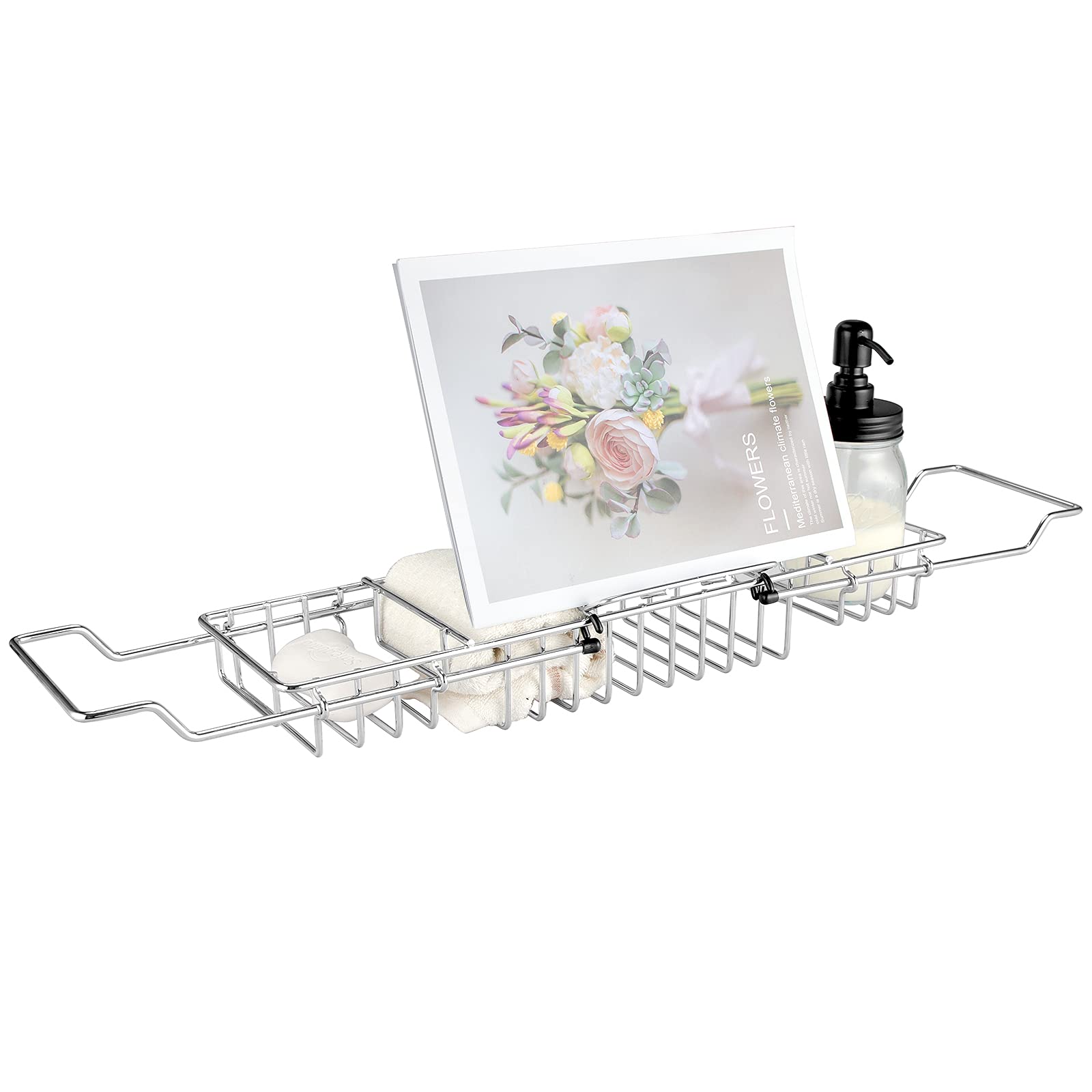 HOMEE Bathtub Tray - Stainless Steel Shower Caddy Tray with Removable Book Holder, European Style Extendable Bathtub Caddy Tray 
