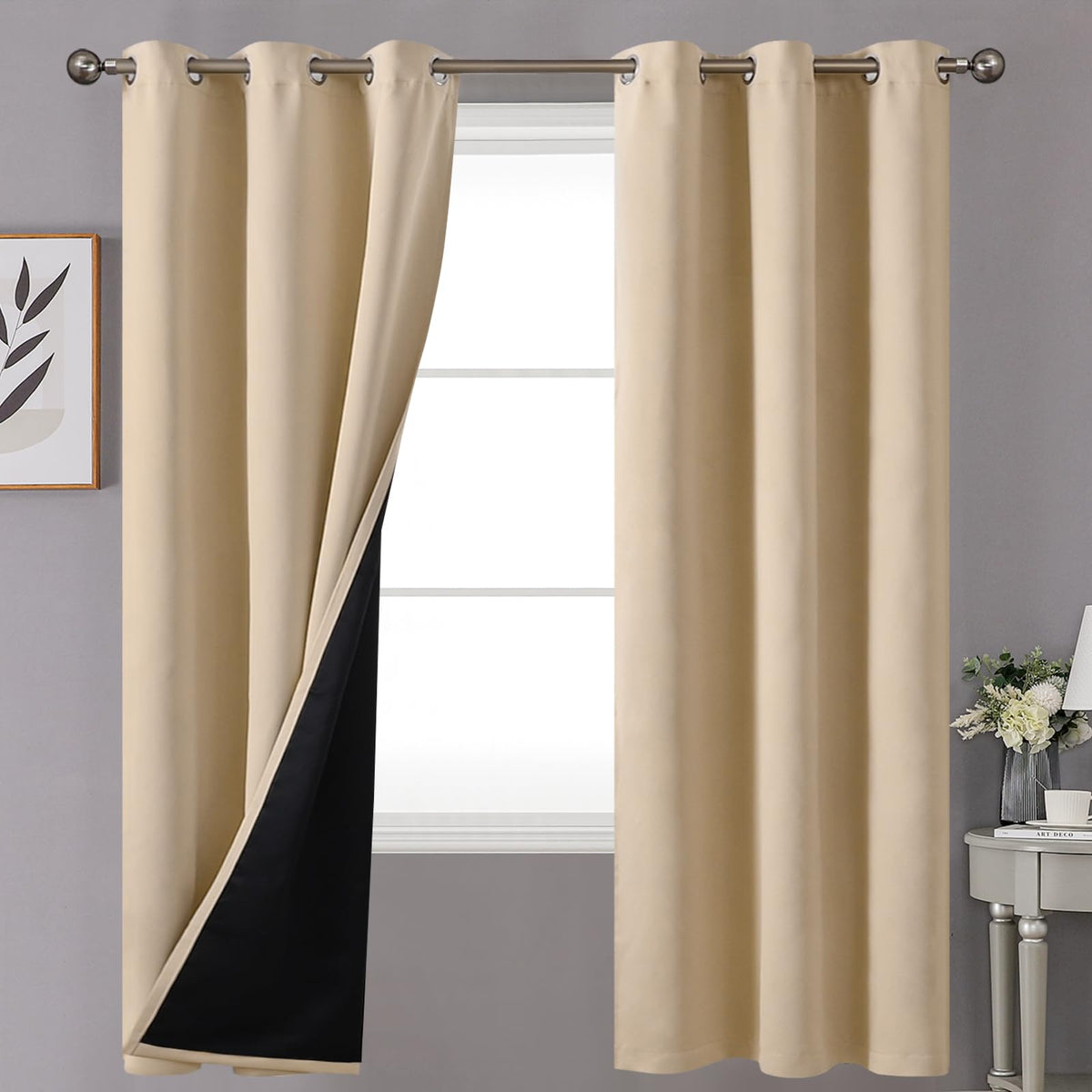 Youngstex Beige 100% Blackout Curtains 72 Inches Length For Bedroom, Double Layer Full Room Darkening Thermal Window Drapes With