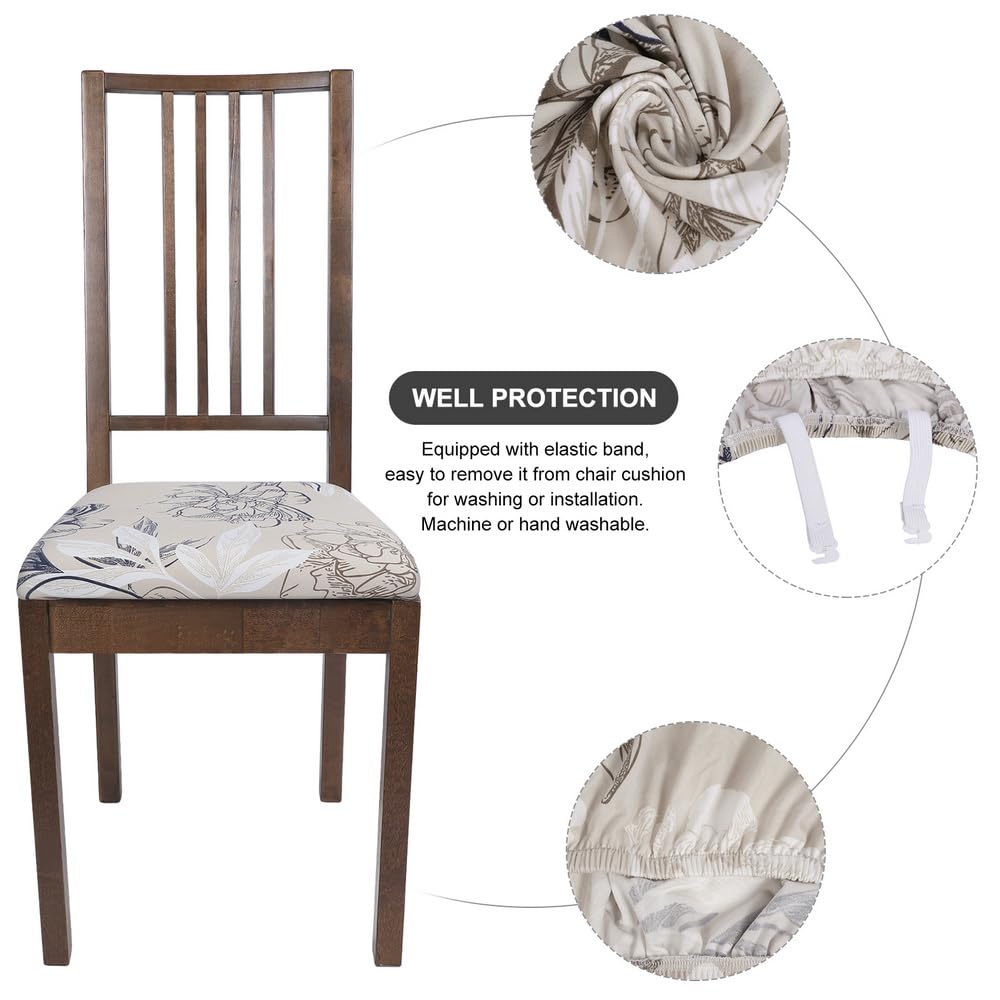 Searchi Waterproof Seat Covers For Dining Chairs, 4 Pack Stretch Dining Room Chair Seat Covers, Kitchen Chair Seat Covers Protectors(Beige And Blue Flower)
