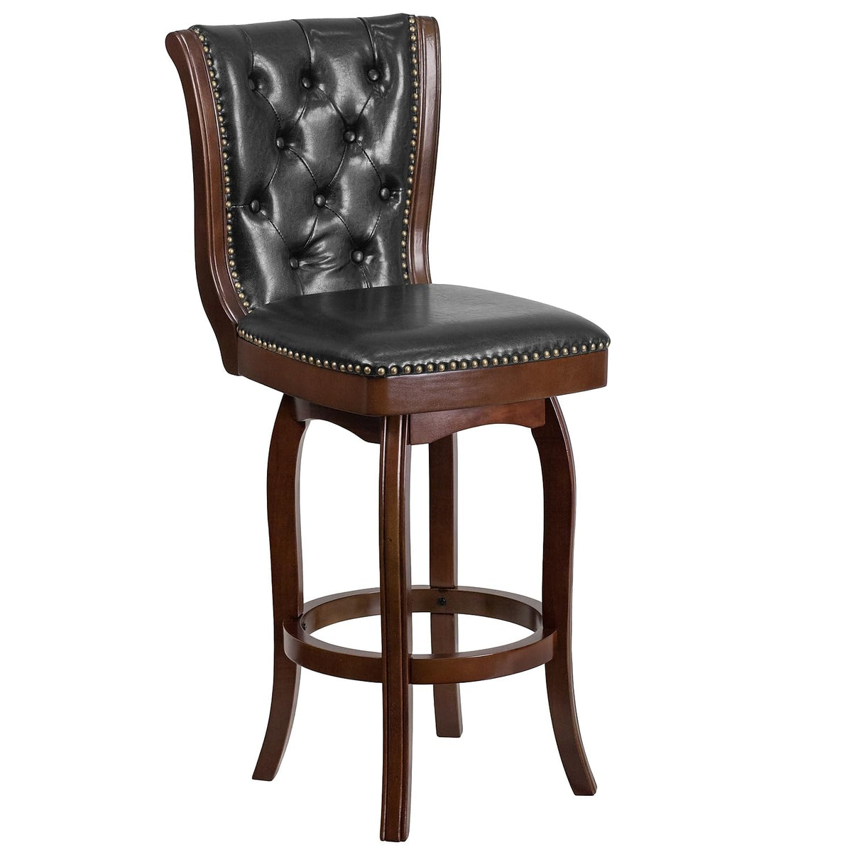 Flash Furniture Ellison 30'' High Cappuccino Wood Barstool With Button Tufted Back And Black Leathersoft Swivel Seat