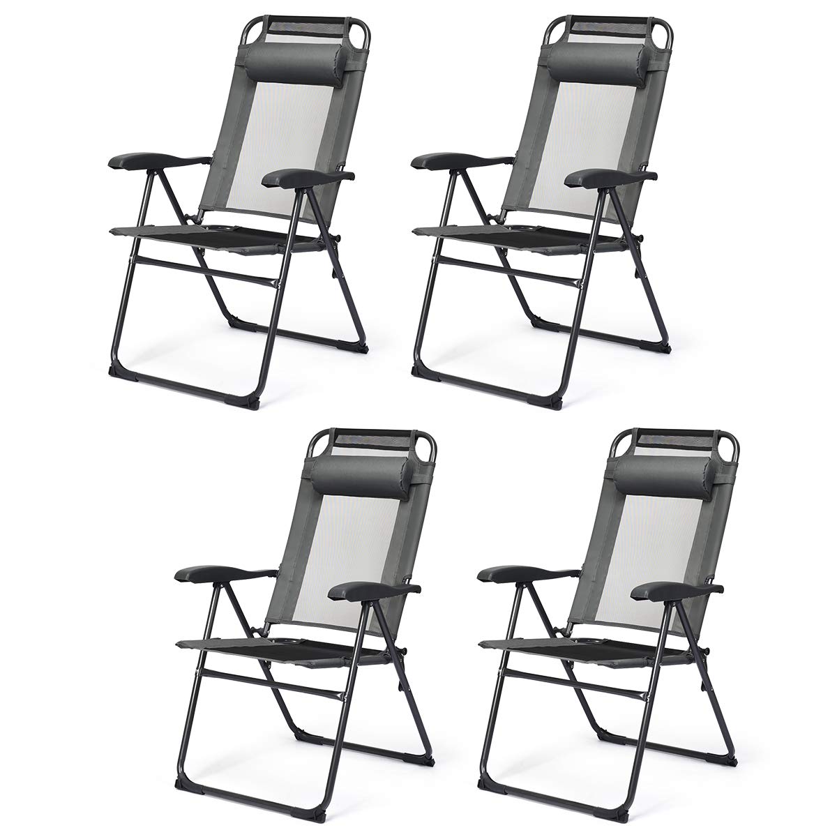 Giantex Set Of 4 Patio Dining Chairs, Folding Lounge Chairs With 7 Level Adjustable Backrest, Headrest, 300 Lbs Capacity, Outdoor Portable Chairs With Metal Frame (4, Gray)
