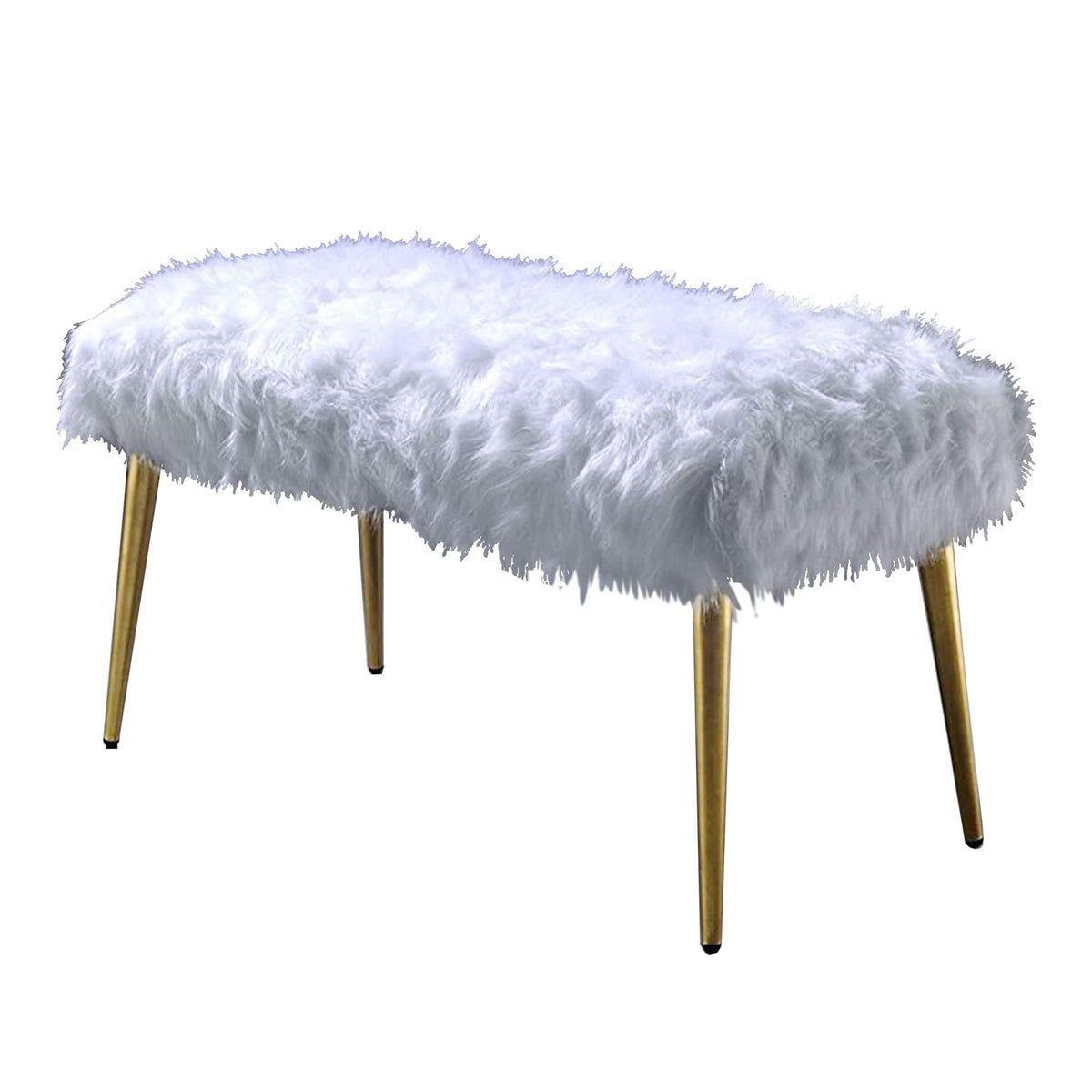 Benjara Modern Style Faux Fur Upholstered Metal Bench With Tapered Legs, White And Gold
