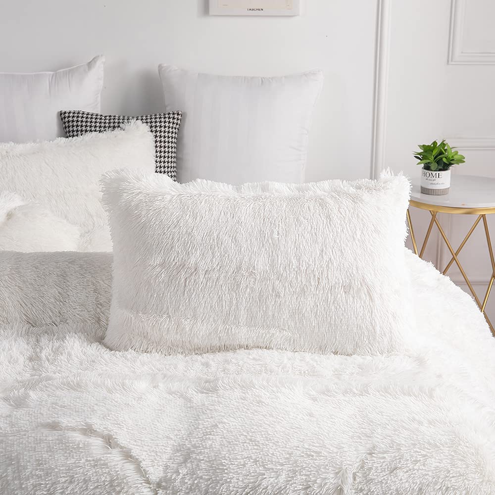 Chovy Faux Fur Plush White Comforter Sets Twin/Full Size - Ultra Soft Shaggy Flannel Velvet Fluffy Fuzzy 3Pc Bedding Set (Comfor