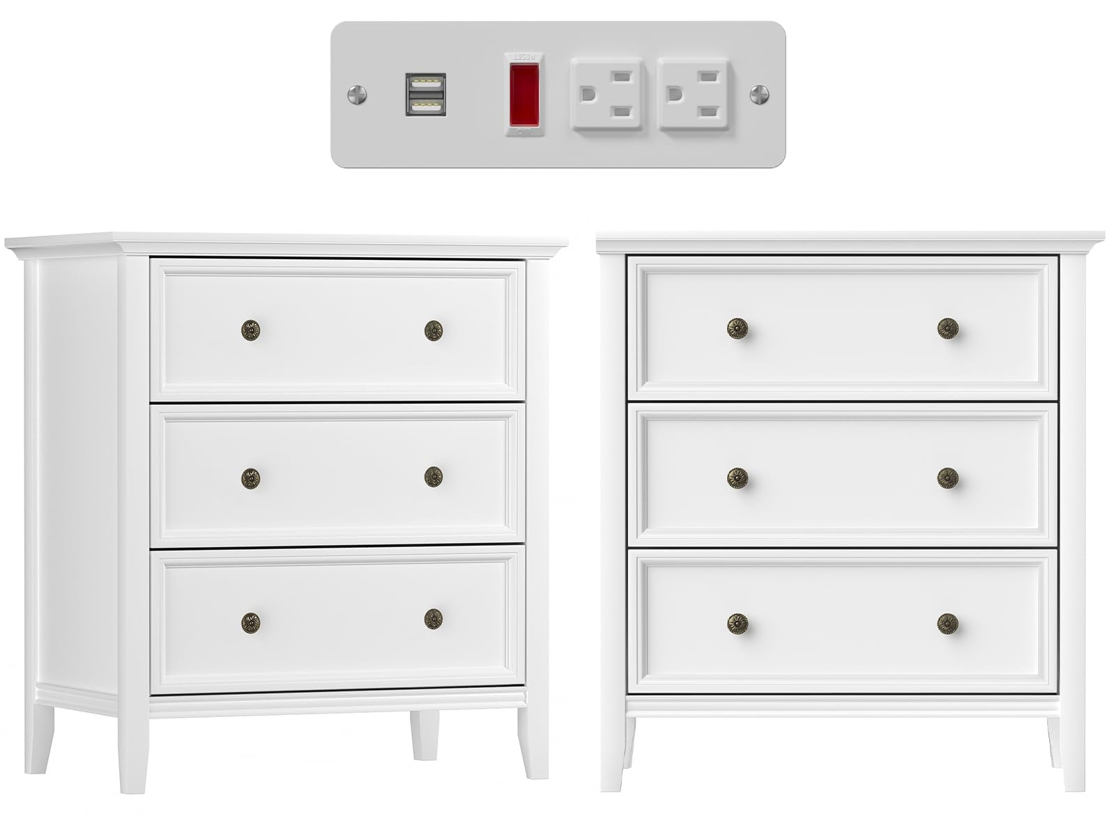 IKENO Solid Wood Nightstand with 3 Drawers and Power Outlet, Tall Bedside Cabinet 16.8  D x 27.6  W x 26.8  H, Two Unites for Be