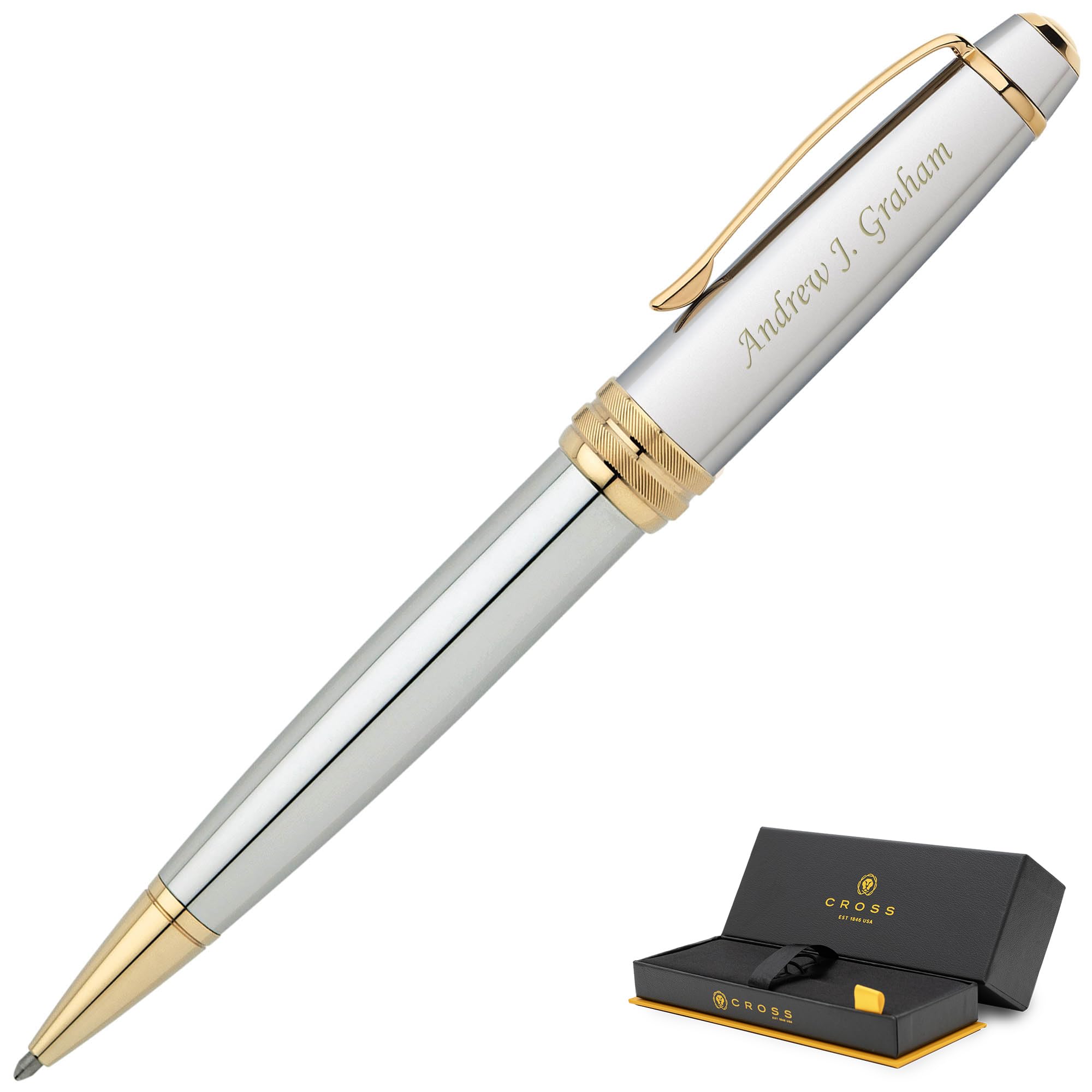 Engraved Cross Bailey Medalist Ballpoint Pen Finished In Chrome With Gold Trim. Personalized Executive Gift For Business Milesto