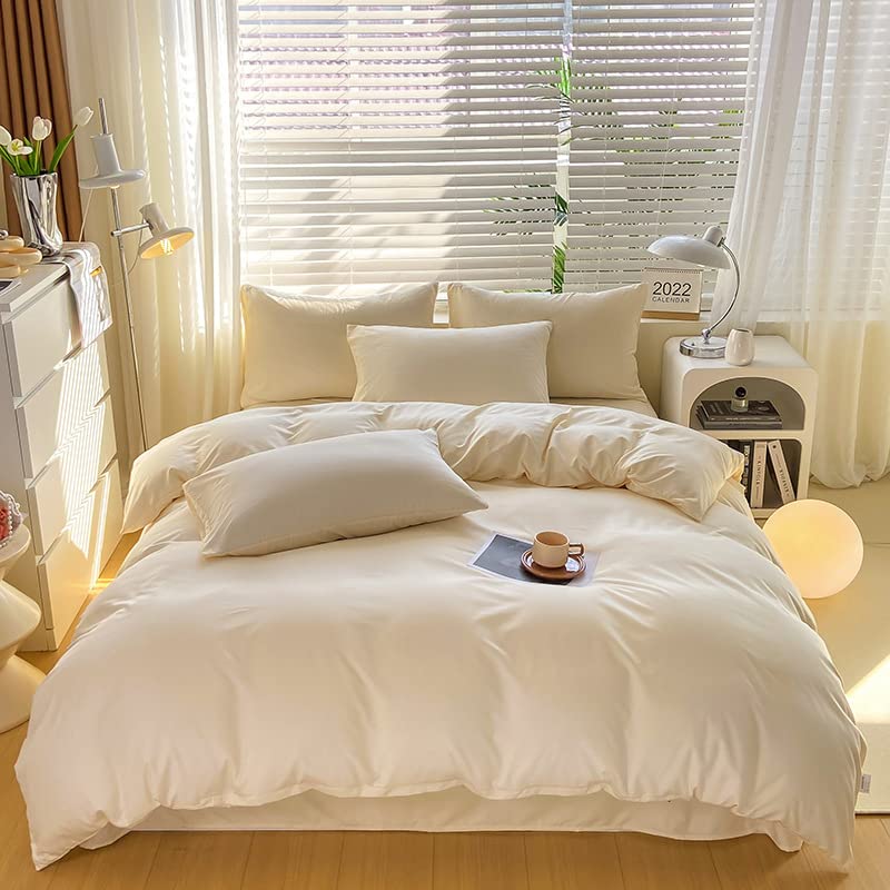 Cottonight Ivory Comforter Set Queen Beige White Bedding Comforter Set Full Off White Solid Blanket Quilts Cotton Modern Soft Br