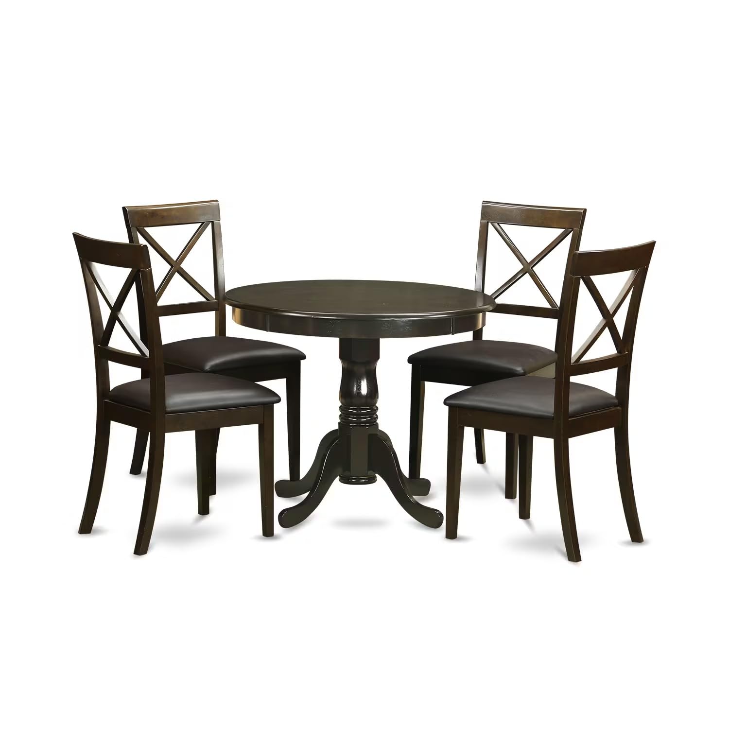 East West Furniture Antique 5 Piece Kitchen Set for 4 Includes a Round Table with Pedestal and 4 Faux Leather Dining Room Chairs, 36x36 Inch, Cappuccino