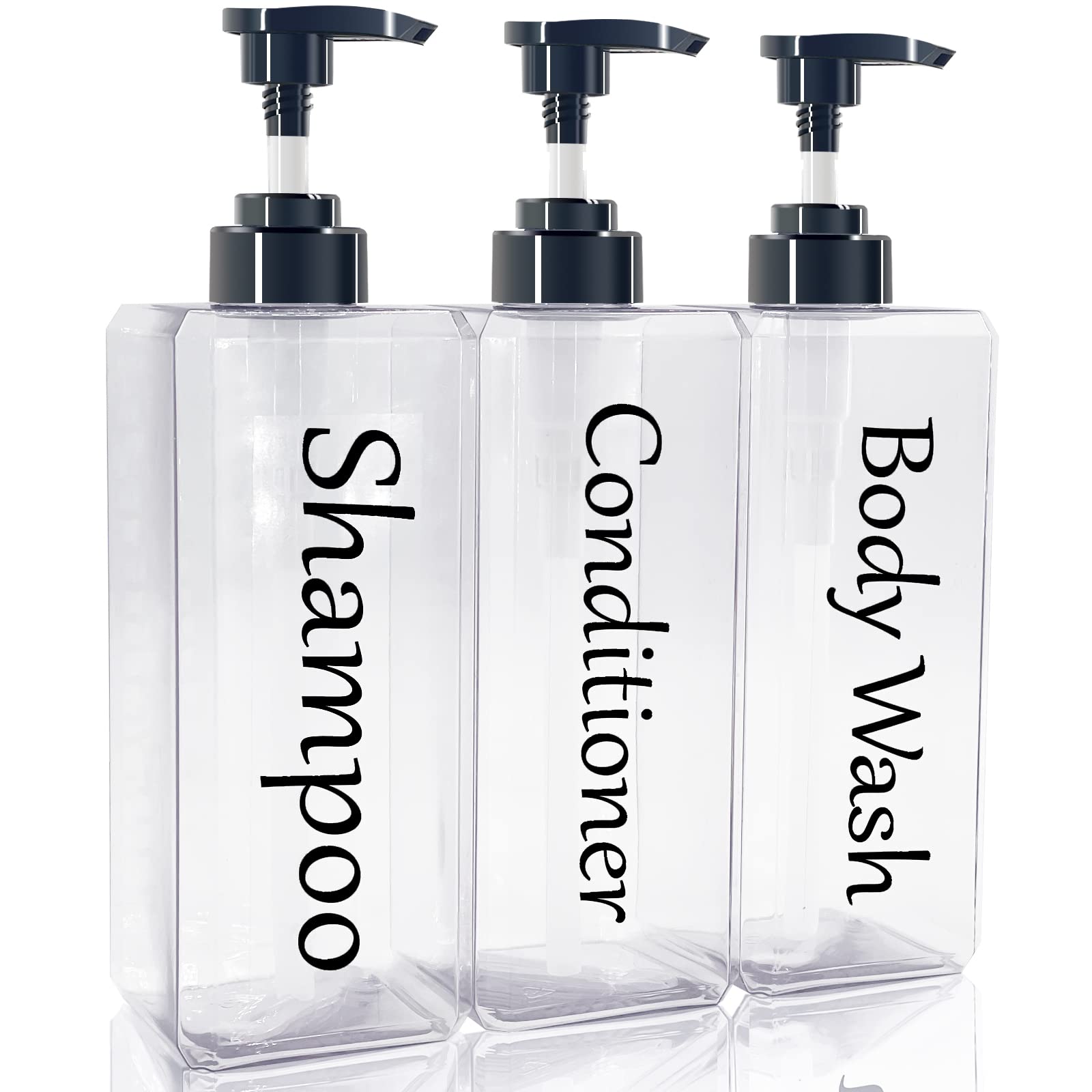 Shampoo and Conditioner Dispenser(Clear, Set of 3, 27oz)- Refillable & EmptyShampoo and Conditioner Bottles- Body Wash Dispenser