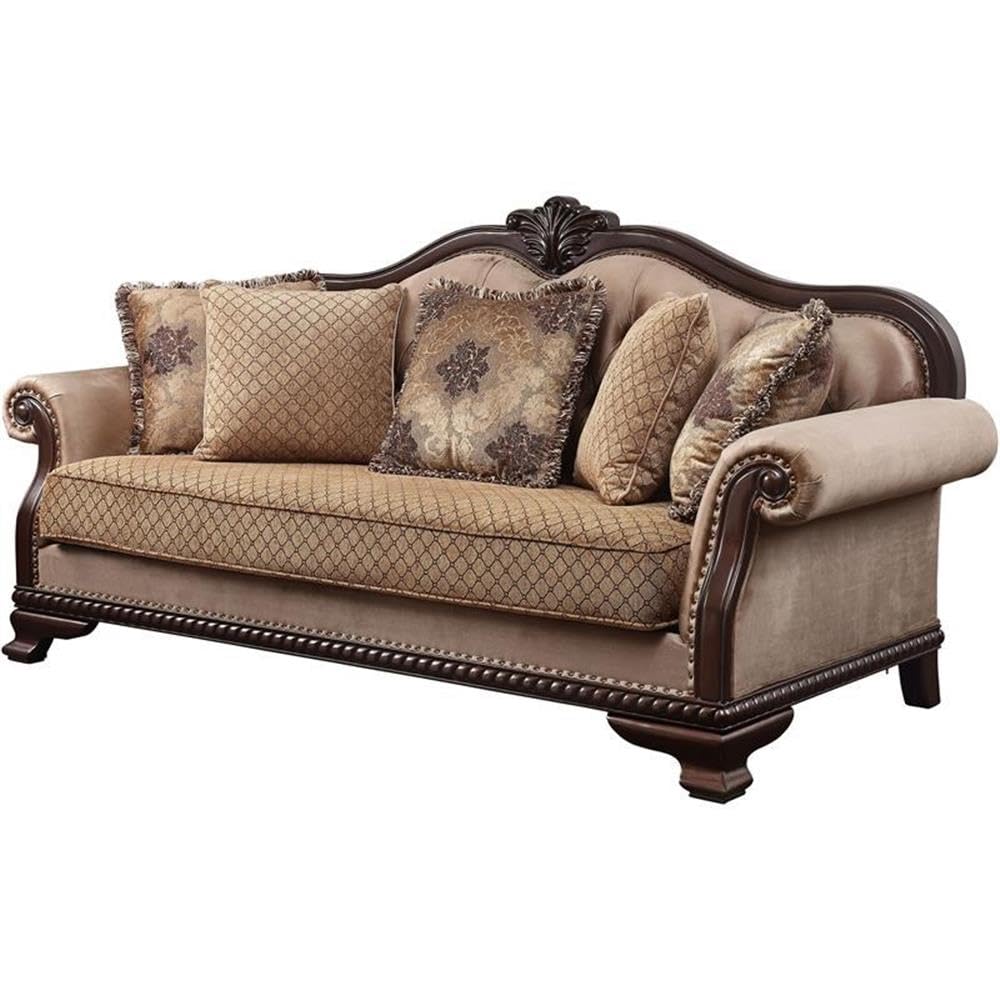 Acme Chateau De Ville Fabric Tufted Sofa with 5 Pillows in Espresso