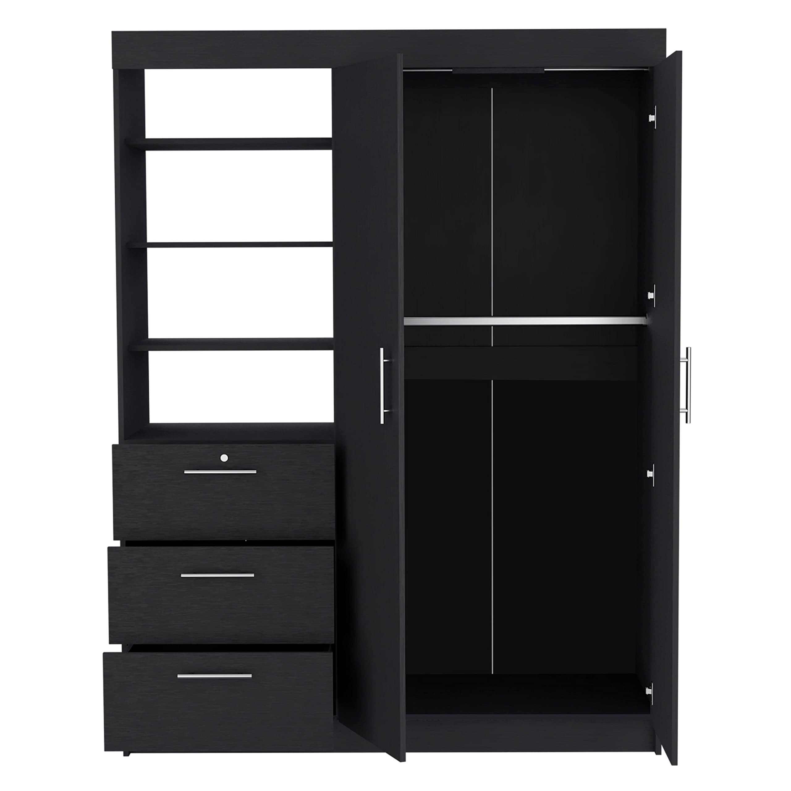 Depot E-Shop Laurel 3-Tier Shelf And Drawers Armoire With Metal Handles, Black