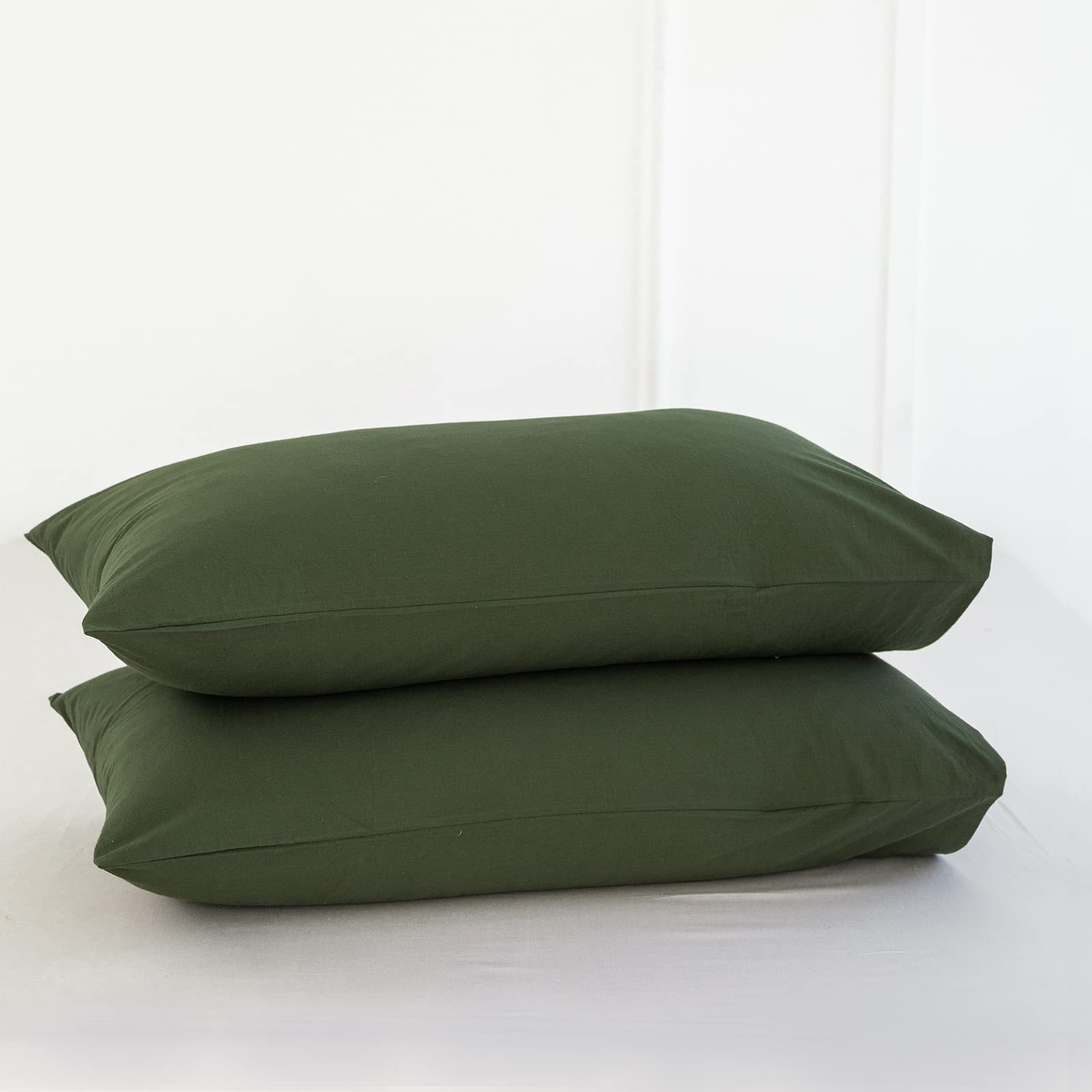 Moomee Bedding Pillowcases Pack Of 2 100% Washed Cotton Linen Like Textured Breathable Durable Soft Comfy (Olive Green, King)