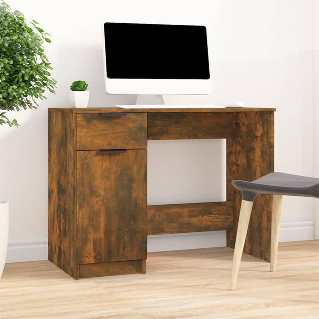 Vidaxl Computer Desk Smoked Oak Engineered Wood | Modern Design With Drawer & Compartments 39.4X19.7X29.5 Inches