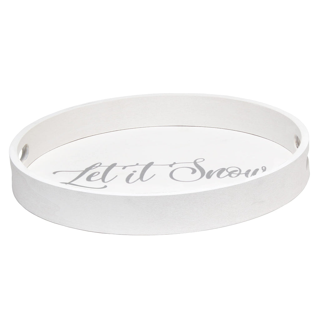 Elegant Designs Decorative 13.75'' Round Wood Serving Tray w/ Handles, ''Let it Snow''