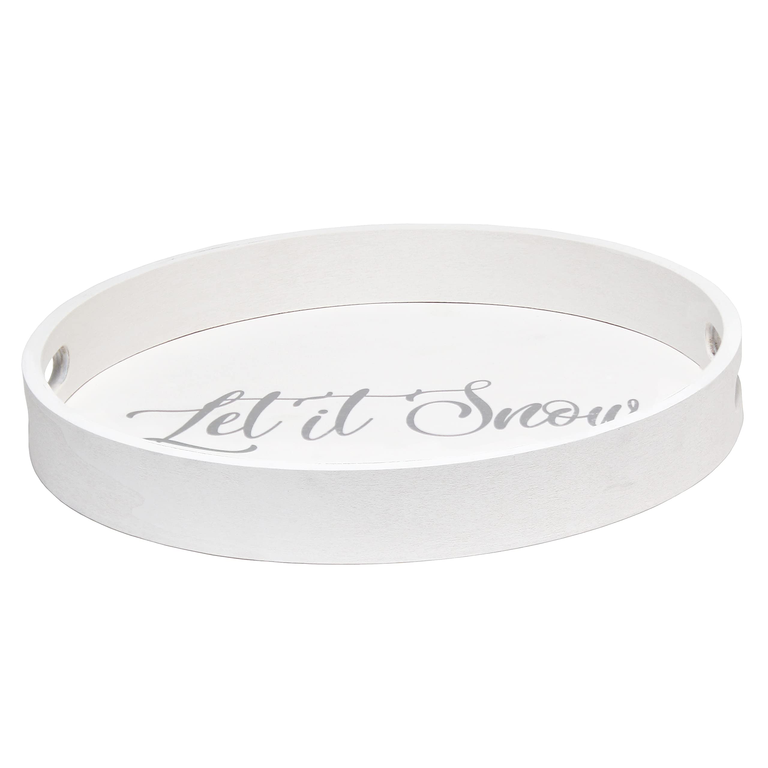 Elegant Designs Decorative 13.75'' Round Wood Serving Tray w/ Handles, ''Let it Snow''
