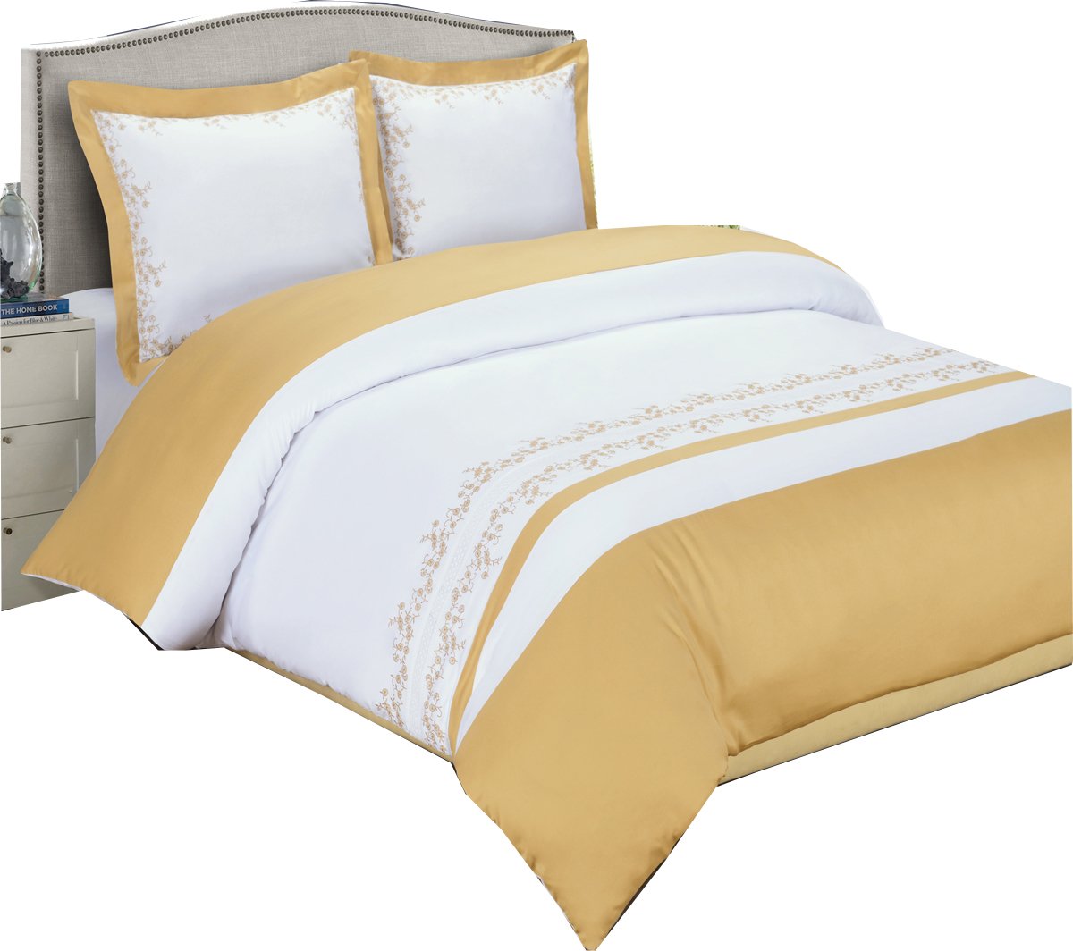 Sheetsnthings 8Pcs Queen Size Bed In A Bag Embroidered Amalia Gold & White Duvet Set Including Cotton 3Pcs Duvet Cover Set+ 4Pcs
