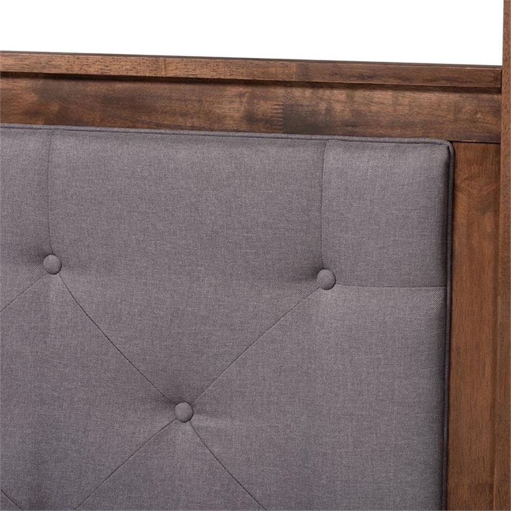Baxton Studio Natasha Queen Size Grey Upholstered Walnut Finished Canopy Bed