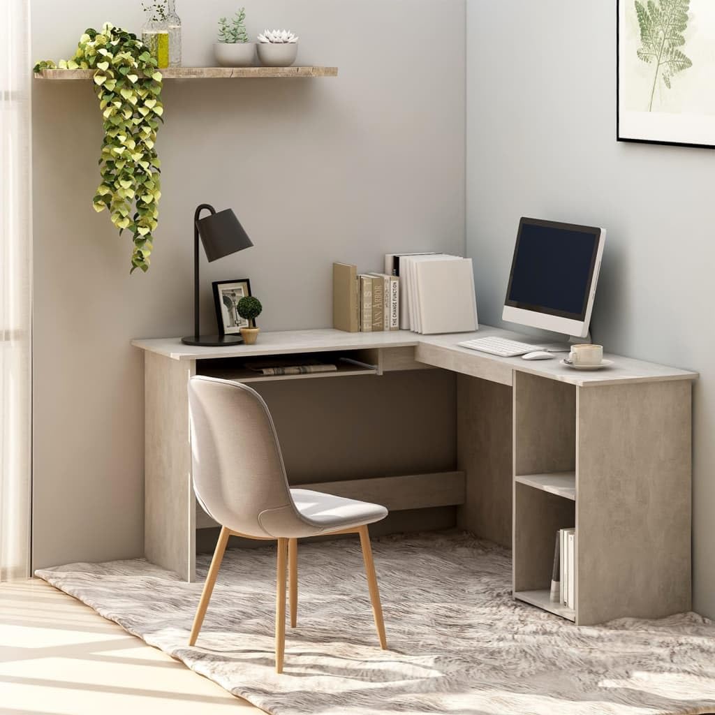 vidaXL Corner Desk, L-Shaped Computer Desk with Pull-Out Keyboard Tray, Home Office Desk, Workstation, Modern, Concrete Gray Engineered Wood