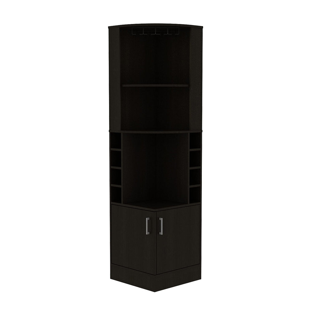 Egina Corner Bar Cabinet with Two Shelves at The Top, Glass Holder, 8 Exterior Bottle Racks, Central Shelf, Lower Drawer with 2 Side Doors, 71" H, Black, Living Room