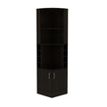 Egina Corner Bar Cabinet with Two Shelves at The Top, Glass Holder, 8 Exterior Bottle Racks, Central Shelf, Lower Drawer with 2 Side Doors, 71" H, Black, Living Room
