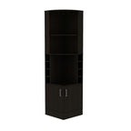 Egina Corner Bar Cabinet with Two Shelves at The Top, Glass Holder, 8 Exterior Bottle Racks, Central Shelf, Lower Drawer with 2 Side Doors, 71" H, Black, Living Room
