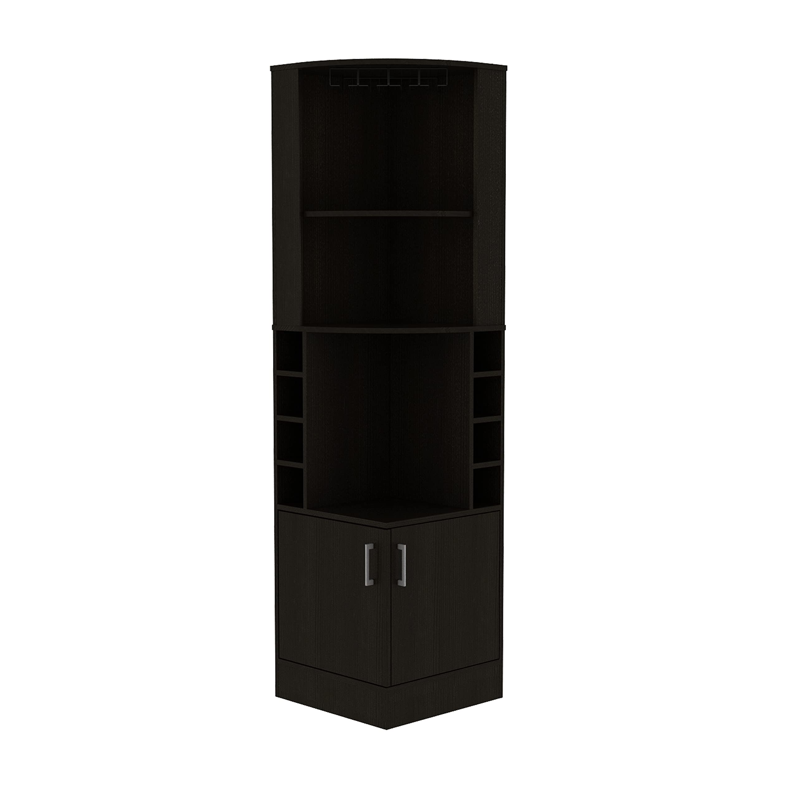 Egina Corner Bar Cabinet with Two Shelves at The Top, Glass Holder, 8 Exterior Bottle Racks, Central Shelf, Lower Drawer with 2 Side Doors, 71" H, Black, Living Room