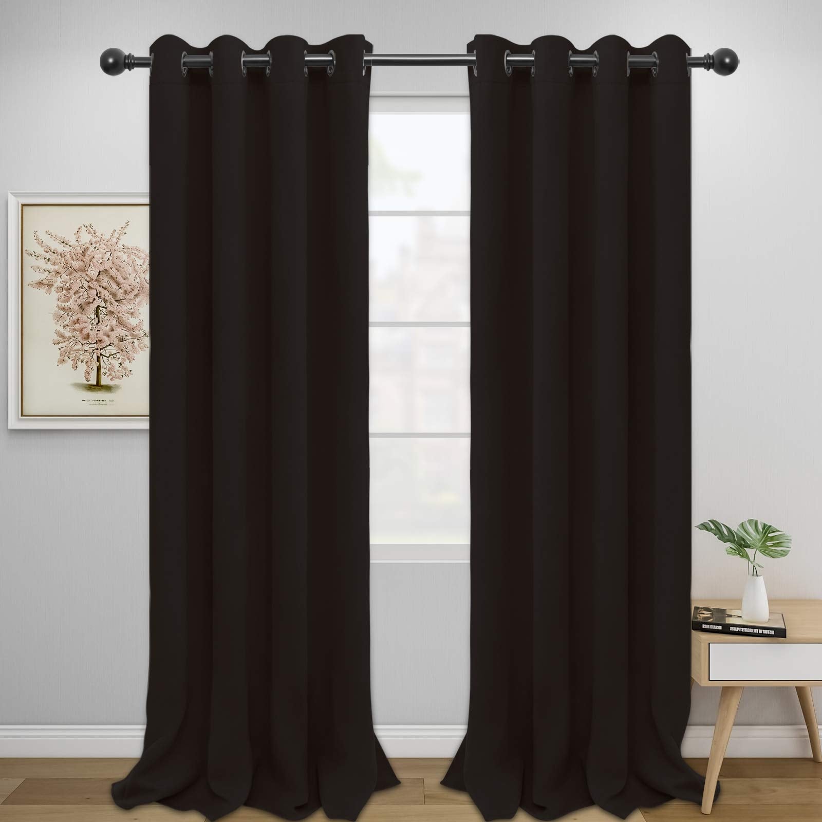 Easy-Going Blackout Curtains For Bedroom, Solid Thermal Insulated Grommet And Noise Reduction Window Drapes, Room Darkening Curtains For Living Room, 2 Panels(52X108 In,Dark Brown)