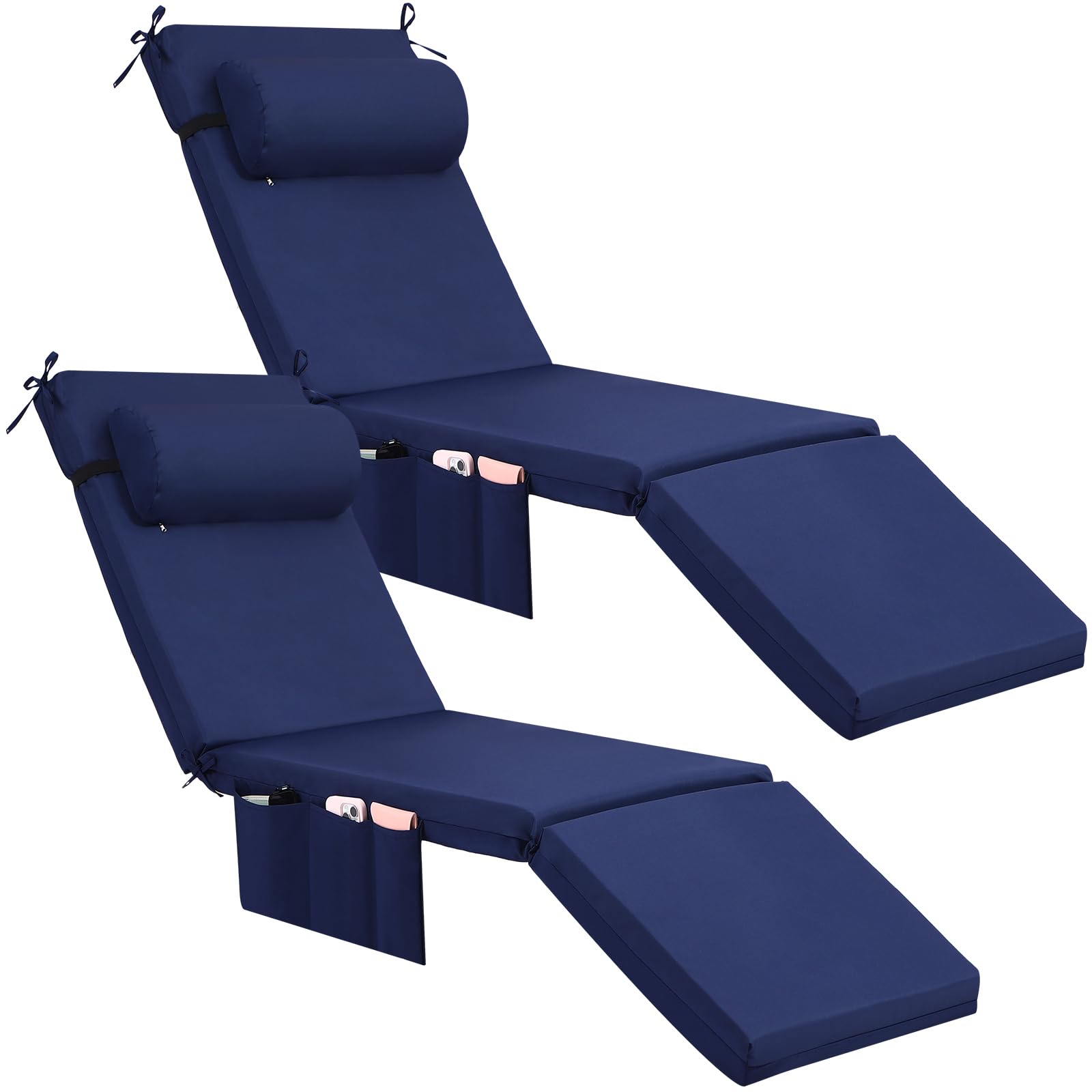Rattanview 2 Pcs Outdoor Chaise Lounge Cushion With Pillow And Side Pockets Waterproof Lounge Chair Cushions 72 X 21 X 4 Inch Pa