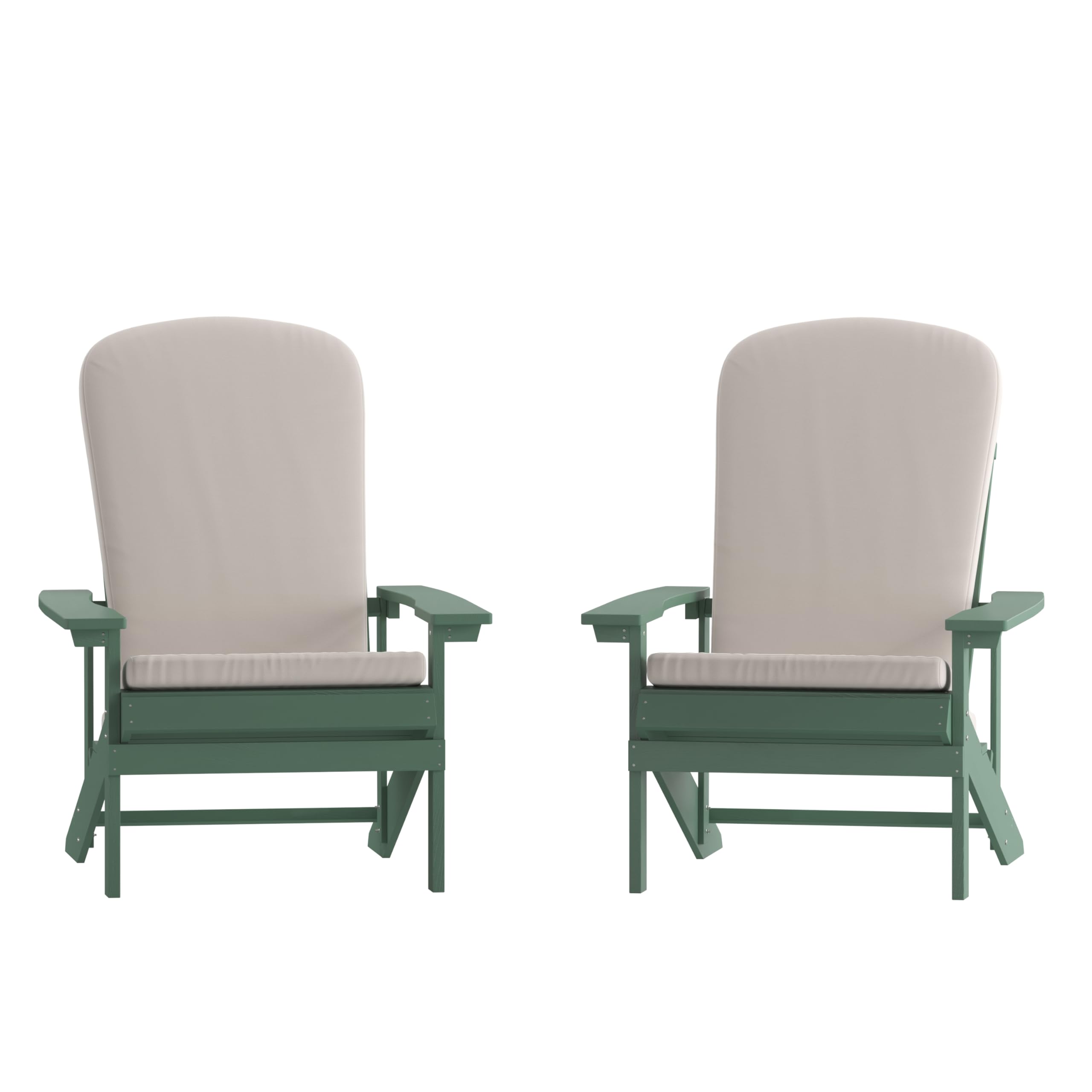 Set of 2 Adirondack Chairs in Green with Cream Cushions, Porch, and Patio