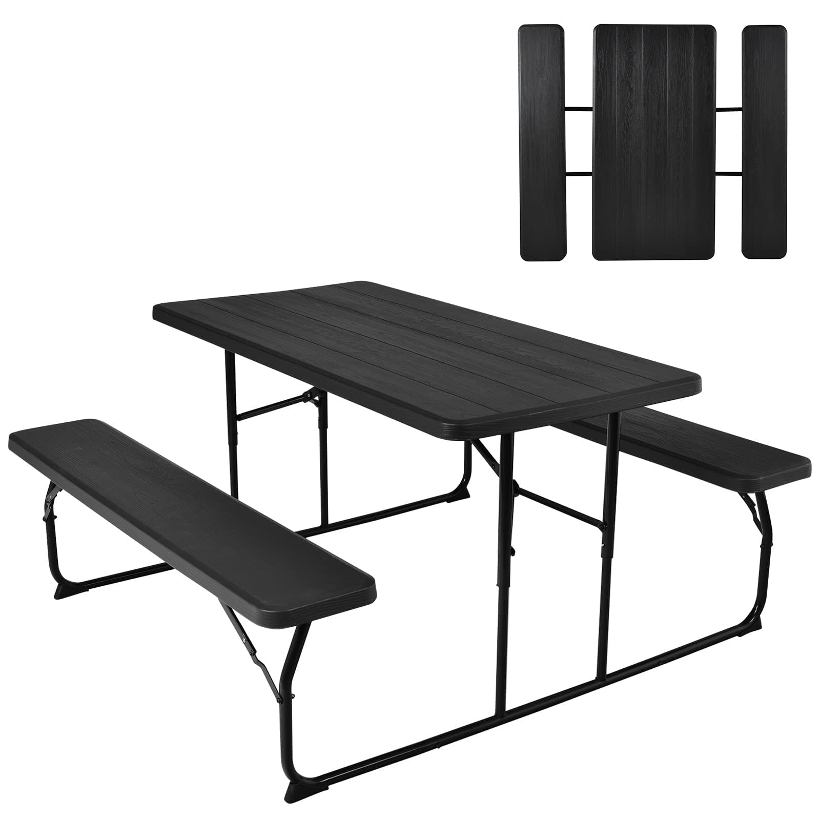 Gymax Picnic Table, 550 Lbs Folding Picnic Tables With Benches & Seats, Weather-Resistant Easy Setup Portable Picnic Table, Wood-Like Foldable Picnic Tables For Outdoors Patio Deck Party Bbq (Black)