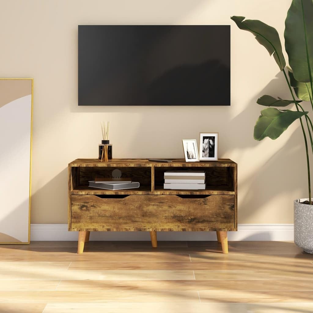 vidaXL Engineered Wood TV Stand in Smoked Oak - Scandinavian Style TV Cabinet with Ample Storage Space and Sturdy Structure - Ideal for Living Room