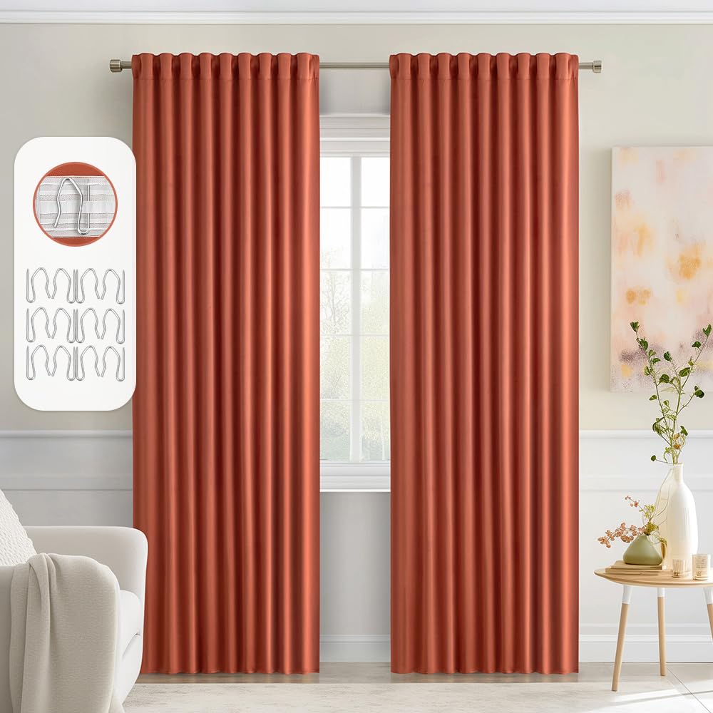 Miulee Back Tab Burnt Orange Blackout Curtains 90 Inch Long 2 Panels Set For Living Room Bedroom, Fall Terracotta Rod Pocket/Pinch Pleated Thermal Insulated Room Darkening Light Blocking Curtains