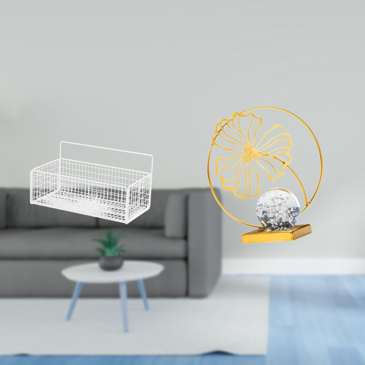 EnakshiFloating Metal Wire Basket Shelf Organizer With Leaf Iron Figurine Sculpture For Kitchen Bathroom Living Room Bedroom Off