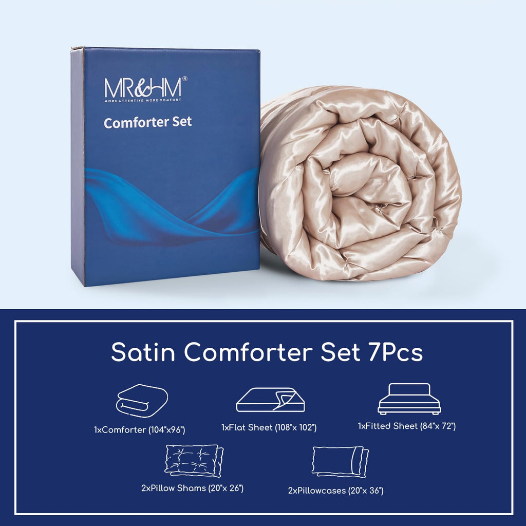 Mr&Hm Satin Comforter California King 7 Pieces Champagne - Luxurious Pinch Pleat Bedding Set With Comforter, Flat Sheet, Fitted