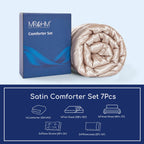 Mr&Hm Satin Comforter California King 7 Pieces Champagne - Luxurious Pinch Pleat Bedding Set With Comforter, Flat Sheet, Fitted