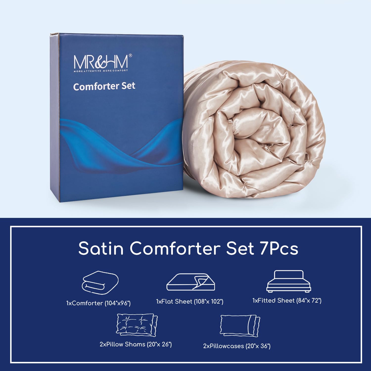 Mr&Hm Satin Comforter California King 7 Pieces Champagne - Luxurious Pinch Pleat Bedding Set With Comforter, Flat Sheet, Fitted