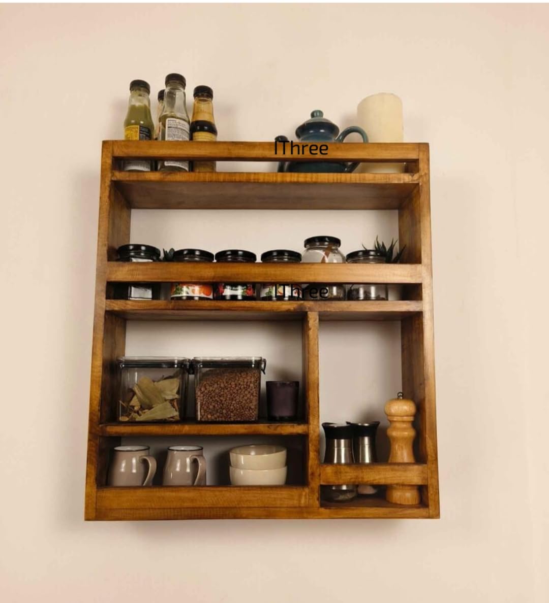 Rustic Wooden WallMounted Spice Rack, Kitchen Storage Organizer with 5 Shelves, Coffee and Condiment Display Stand