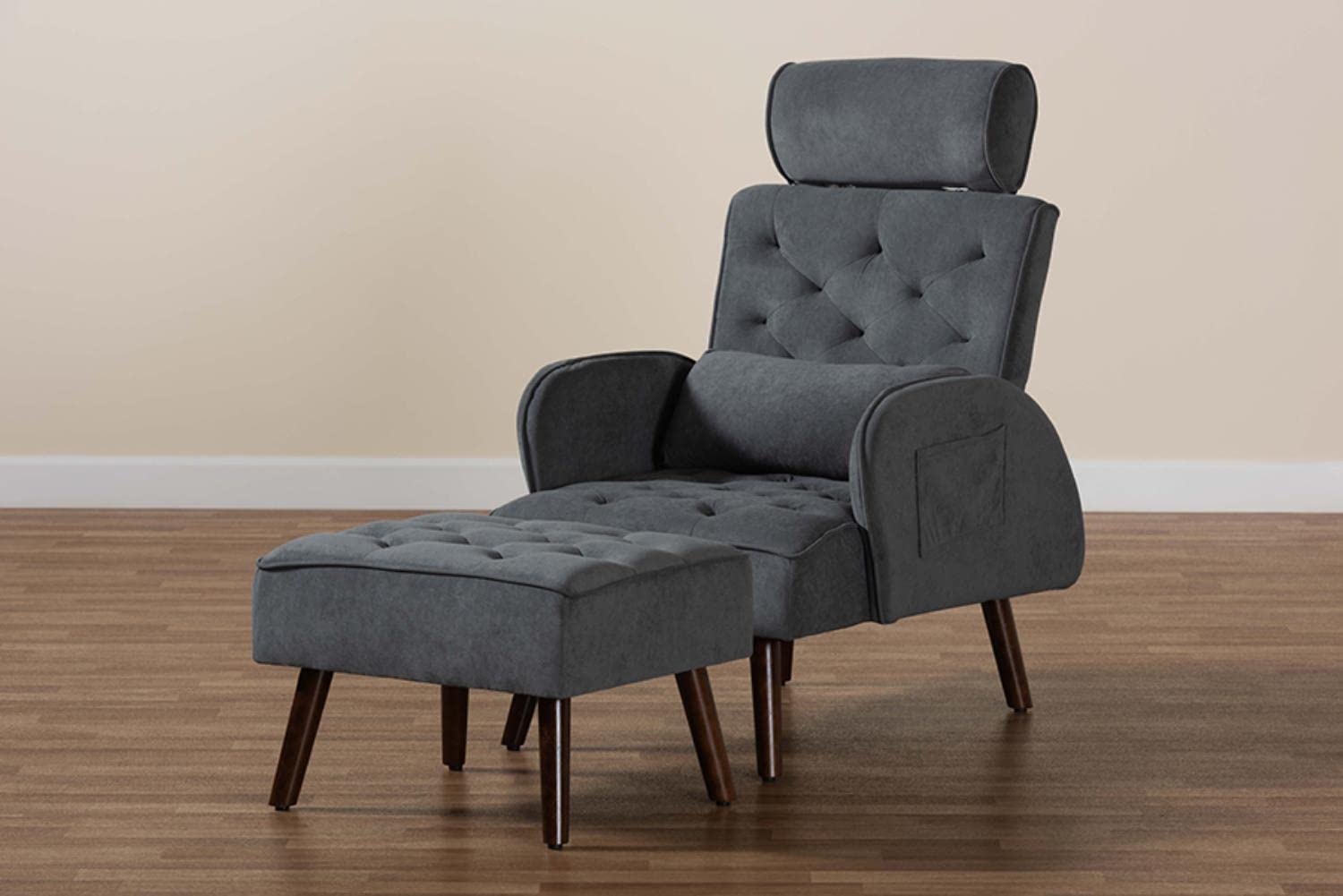 Baxton Studio Haldis Modern and Contemporary Grey Velvet Fabric Upholstered and Walnut Brown Finished Wood 2-Piece Lounge Chair and Ottoman Set