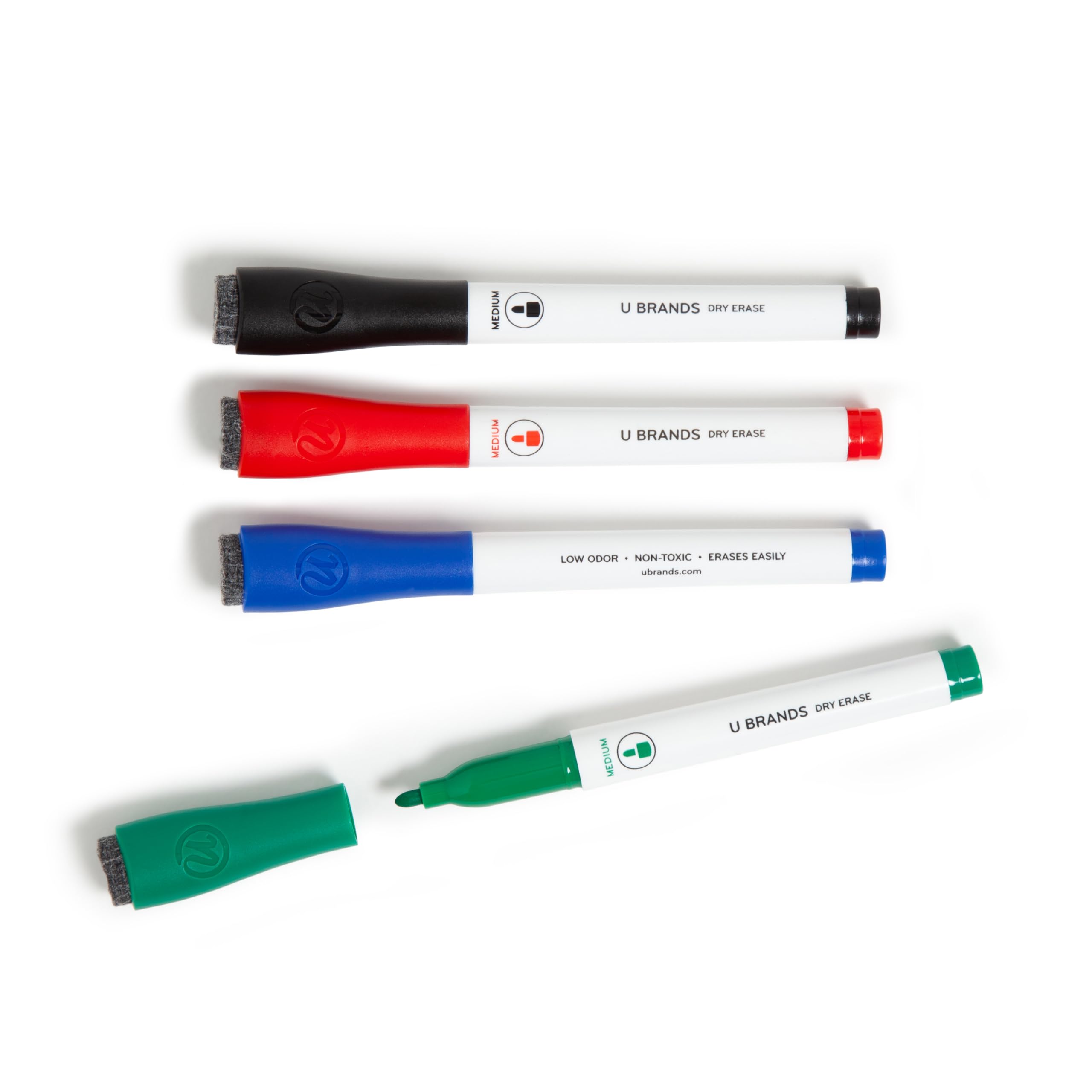 U Brands Low-Odor Dry Erase Markers With Erasers, Set Of 4, Medium (2 Mm) Point, Assorted Classic Colors