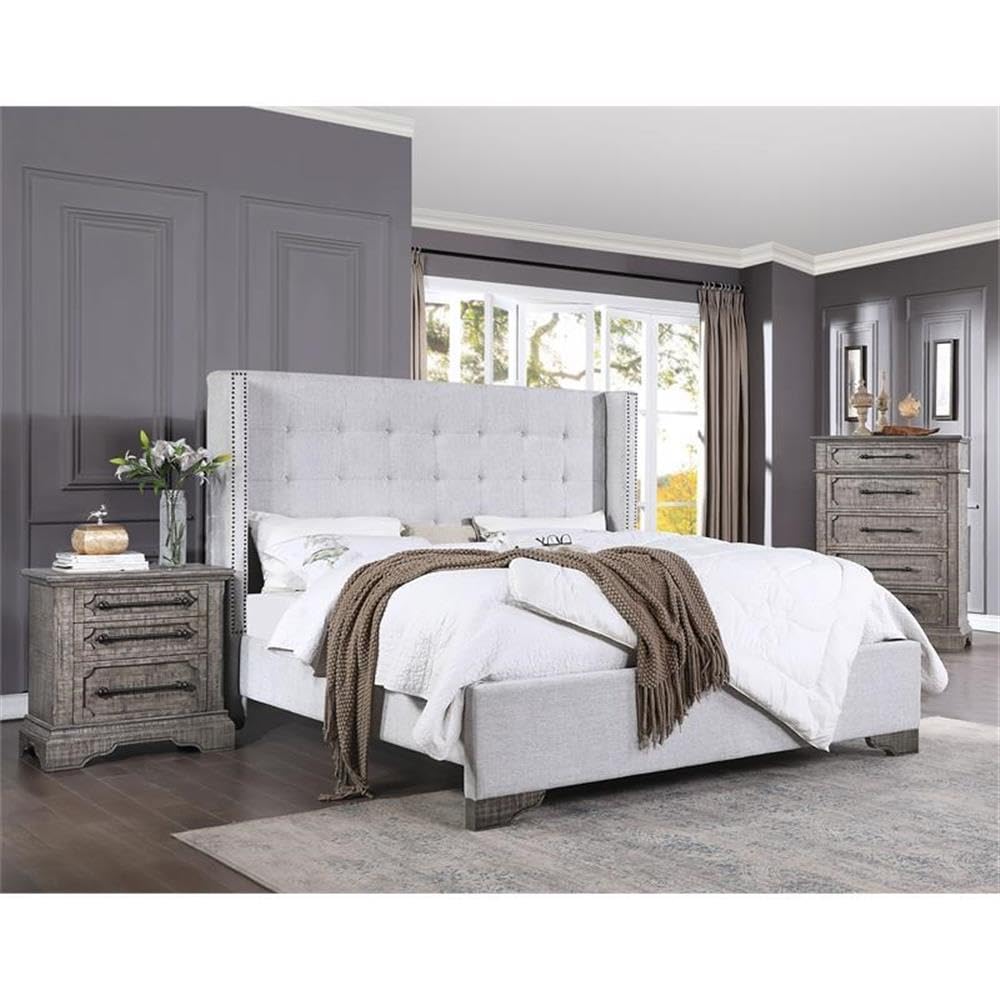 Acme Artesia Tufted Fabric Queen Bed in Tan and Salvaged Natural