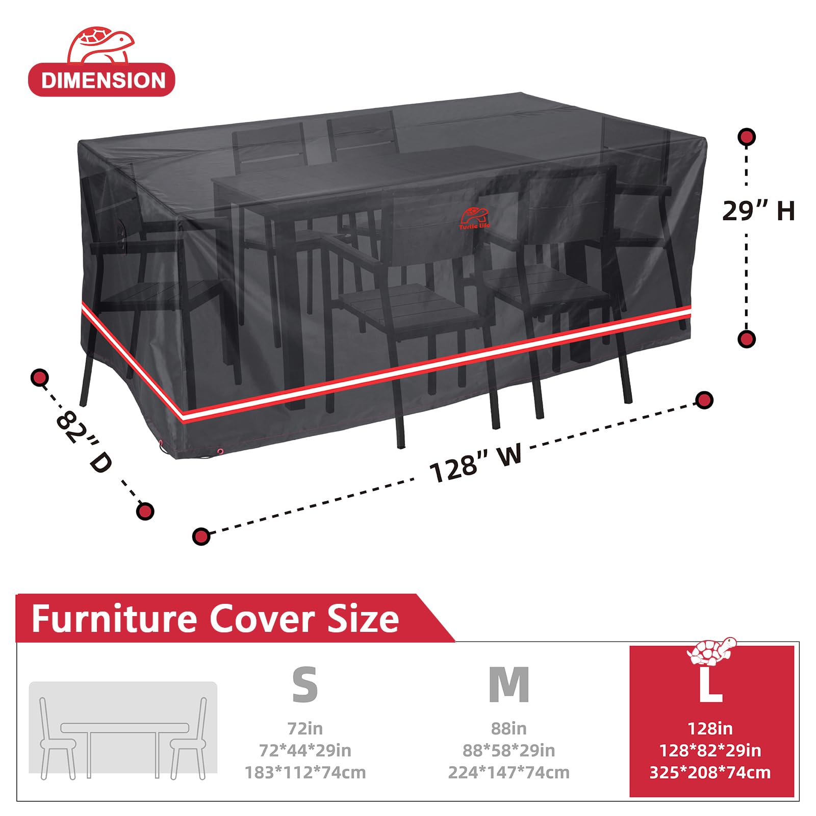 Turtle Life Patio Furniture Sets Cover, Heavy Duty Rectangular Durable Waterproof Outdoor Uv Resistant Anti-Fading Dining Table Chairs Furniture Cover, Black, 128'L X 82'W X 29'H