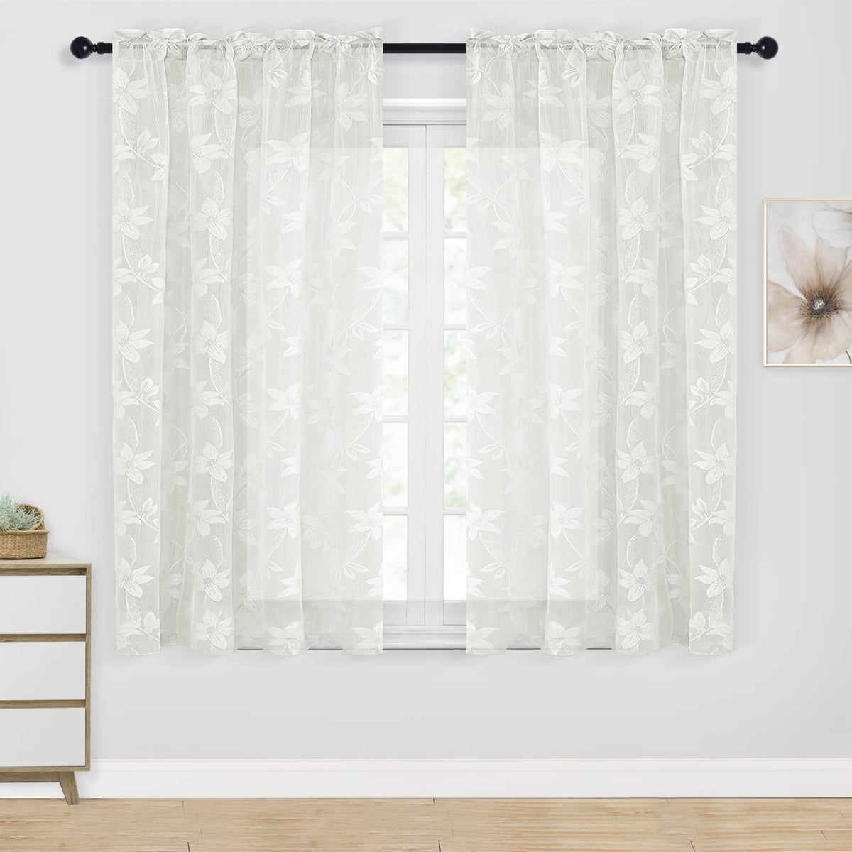 Dwcn Ivory Short Sheer Curtains For Kitchen - Floral Lace Design Rod Pocket Window Voile Sheer Drapes For Kitchen Living Room Wi