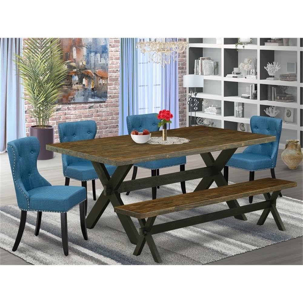 East West Furniture X677Si121-6 6 Piece Dining Set Contains A Rectangle Dining Room Table With X-Legs And 4 Blue Linen Fabric Parson Chairs With A Bench, 40X72 Inch, Multi-Color