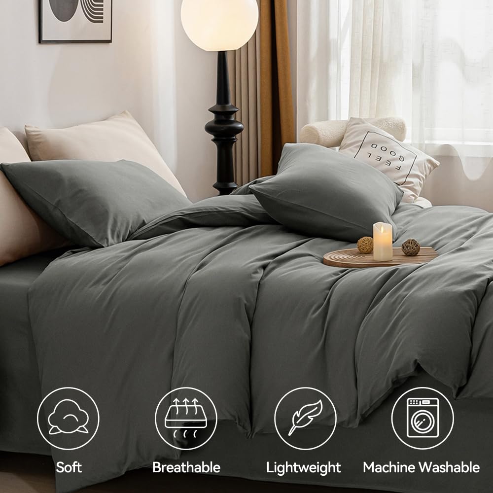 Jellymoni Gray Duvet Cover Full Size - 100% Washed Cotton Linen Like Textured Comforter Cover, 3 Pieces Breathable Soft Bedding