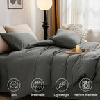 Jellymoni Gray Duvet Cover Full Size - 100% Washed Cotton Linen Like Textured Comforter Cover, 3 Pieces Breathable Soft Bedding