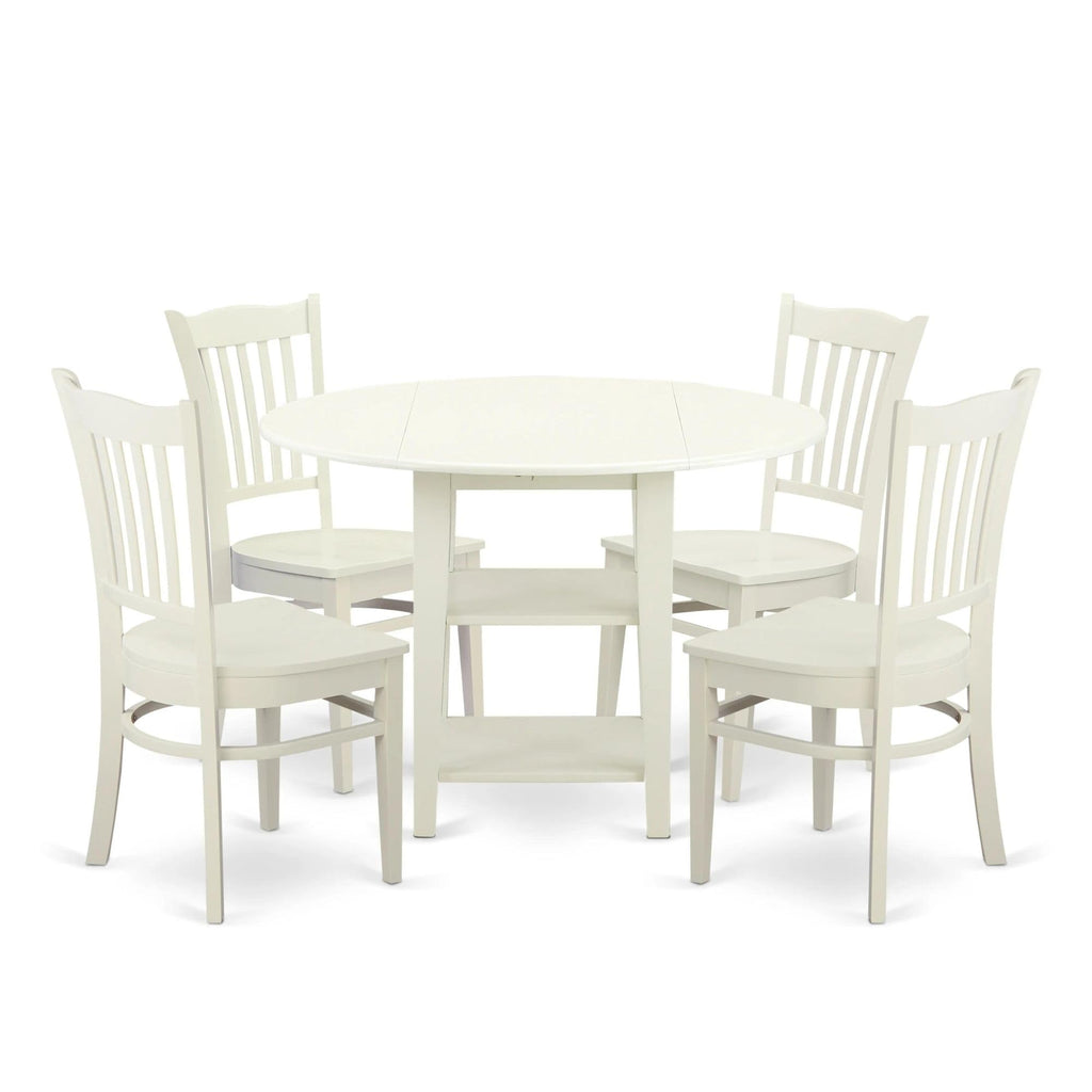 East West Furniture SUGR5-LWH-W 5 Piece Dining Table Set for 4 Includes a Round Kitchen Table with Dropleaf & Shelves and 4 Kitchen Dining Chairs, 42x42 Inch, Linen White