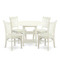 East West Furniture SUGR5-LWH-W 5 Piece Dining Table Set for 4 Includes a Round Kitchen Table with Dropleaf & Shelves and 4 Kitchen Dining Chairs, 42x42 Inch, Linen White