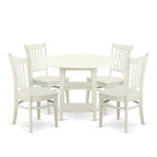 East West Furniture SUGR5-LWH-W 5 Piece Dining Table Set for 4 Includes a Round Kitchen Table with Dropleaf & Shelves and 4 Kitchen Dining Chairs, 42x42 Inch, Linen White