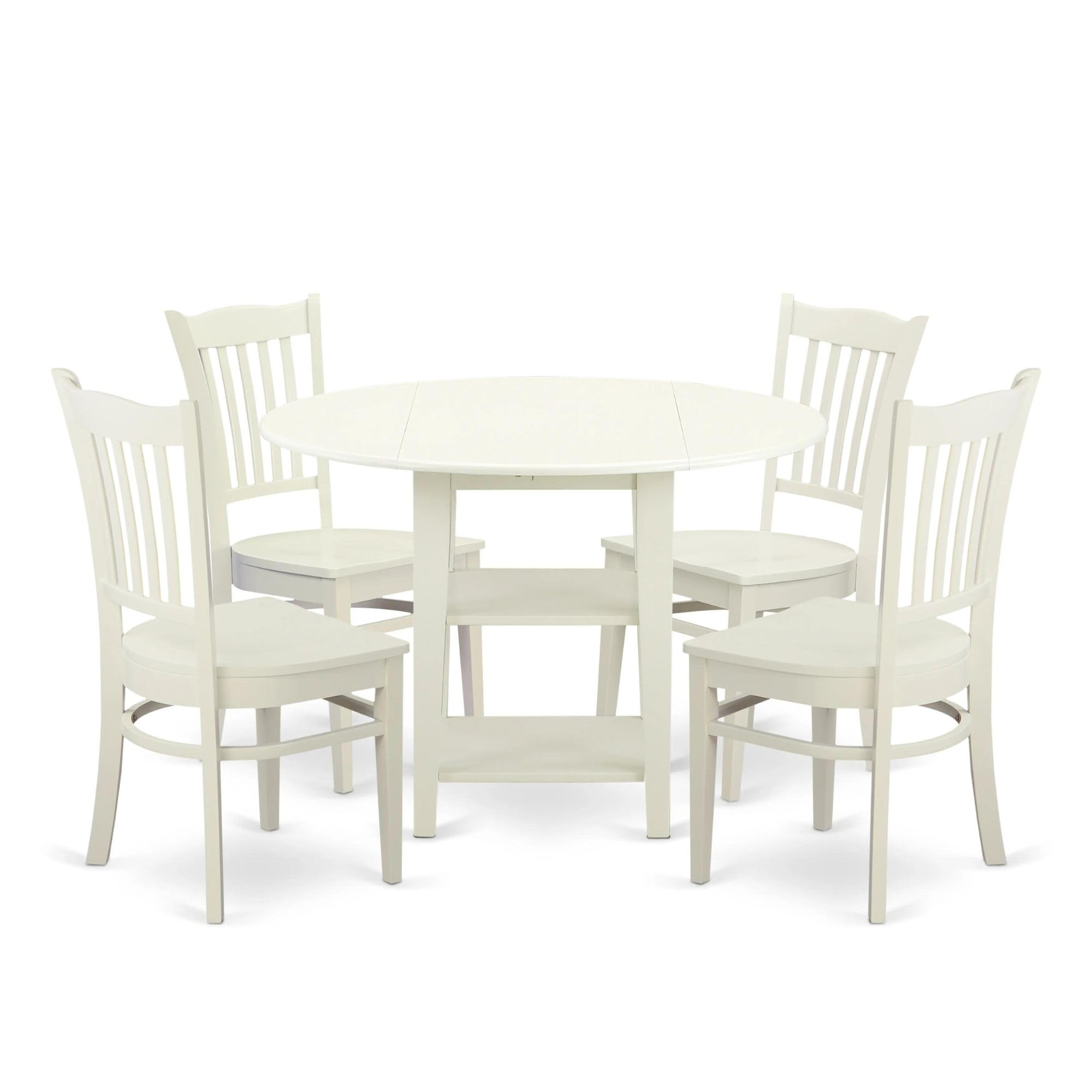 East West Furniture SUGR5-LWH-W 5 Piece Dining Table Set for 4 Includes a Round Kitchen Table with Dropleaf & Shelves and 4 Kitchen Dining Chairs, 42x42 Inch, Linen White