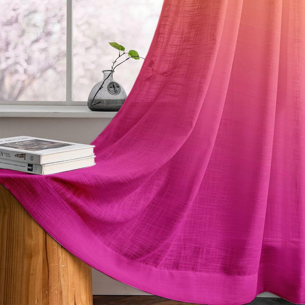 HOMADORN Ombre Printed Linen Textured Sheer Curtains for Living Room, Bedroom, Dining Room, Kitchen, Bathroom (7 FEET, Orange +
