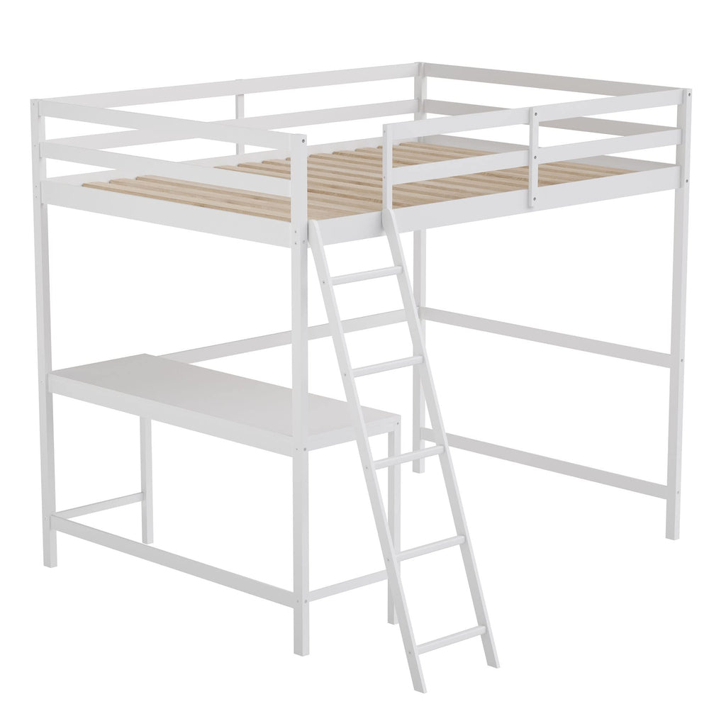 Flash Furniture Riley Loft Bed Frame With Desk - White Wood Slats - Full Size - Protective Guard Rails & Ladder - Kids And Teens - Space Saving Design